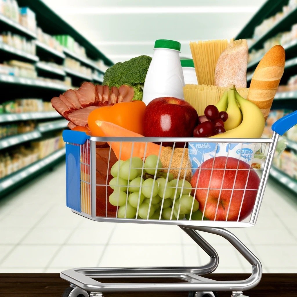 a shopping cart full of food