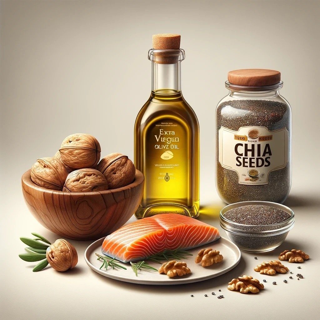 olive oil, salmon, chia seeds and nuts, on a table